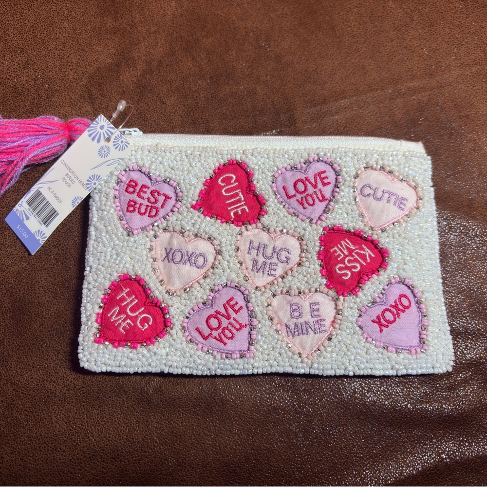 💘Beaded Conversation Heart Pouch - Pink & White Valentine
